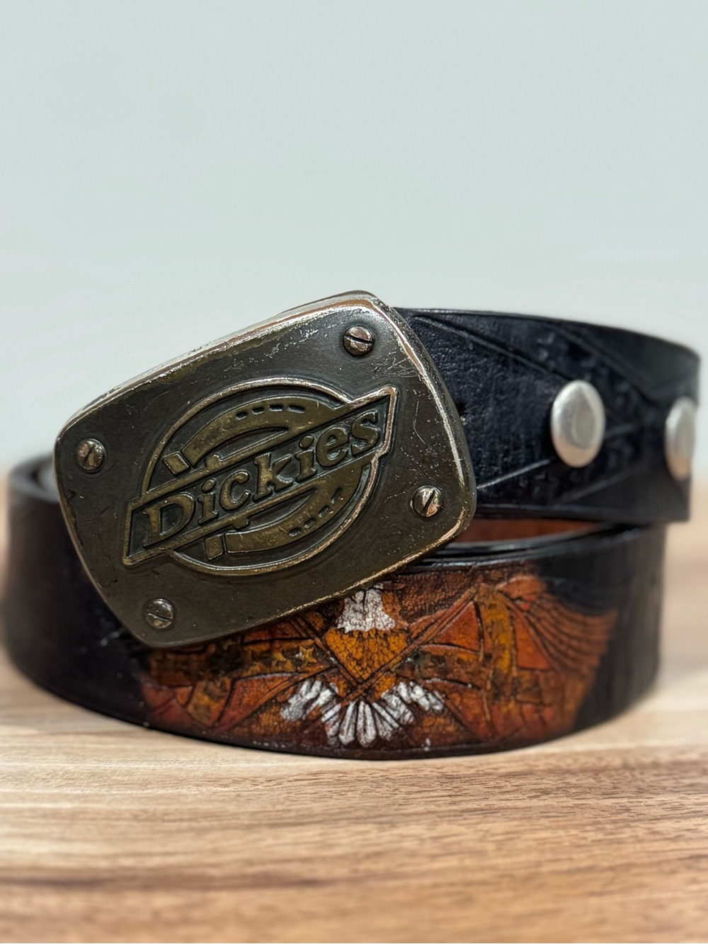 Vintage Dickies Eagle Tooled Leather Belt Black Brown Western USA 36